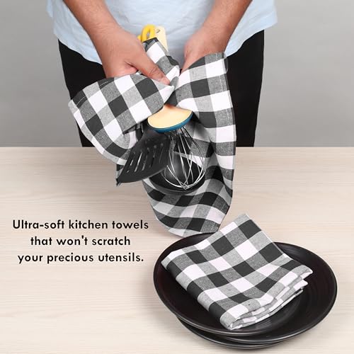 4 Pack Gingham Buffalo Check Kitchen Dish Towels 100% Cotton 16x26 Inches - Super Absorbent Quick Drying Hand Tea Towels, Restaurant Cleaning Towels with Hanging Loop, Black White - color: Black - Gingham Plaid, size: 16 X 26 - 4 Pack