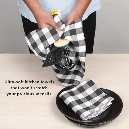 4 Pack Gingham Buffalo Check Kitchen Dish Towels 100% Cotton 16x26 Inches - Super Absorbent Quick Drying Hand Tea Towels, Restaurant Cleaning Towels with Hanging Loop, Black White - color: Black - Gingham Plaid, size: 16 X 26 - 4 Pack