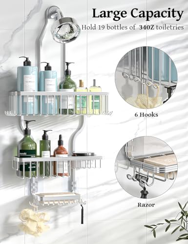 Never Rust Shower Caddy Hanging, Aluminum Shower Racks for Inside Shower, 3-Tier Shower Organizer Hanging Over Shower Head with Hooks and Soap Holder, Silver - color: Silver