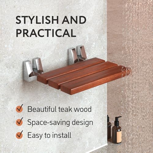 Folding Shower Seat - Wall Mounted - 16 Inch - Fold Down - Teak | Floating In Shower Bench - Fold Up Bathroom Stool - Foldable Teak Wood Chair with Stainless Steel Wall Mount - 330lb Capacity