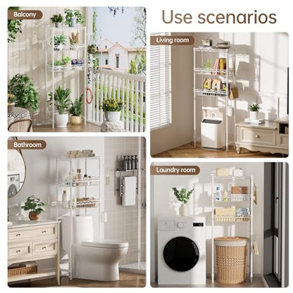 Golpart 3-Tier Over-The-Toilet Storage Shelf,Heavy-Duty Adjustable Bathroom Rack with 2 Mesh Baskets,Toilet Paper Holder & Hooks,Space-Saving Organizer for Bathroom,10”D x 24”W x 66”H,White