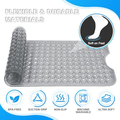 Bathtub and Shower Mats, 40x16 Inch Extra Large Non Slip Soft Bath Tub Mat with Suction Cups and Drain Holes for Bathroom Floor and Keep Tubs Clean, Machine Washable, Clear Gray - color: Clear Gray