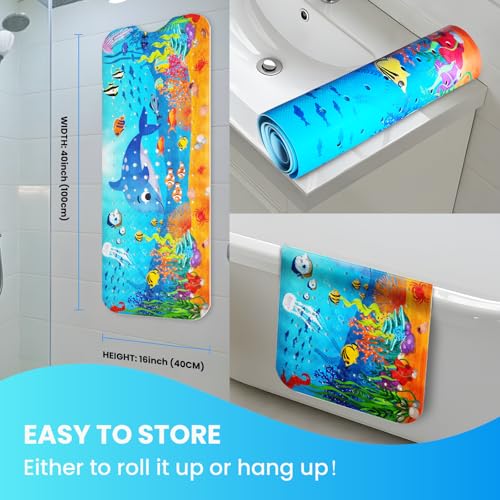 Baby Bath Tub Mat, 40 x 16 Inch Extra Large Non Slip Kids Cartoon Bathtub Shower Mats with Suction Cups & Drain Holes, Machine Washable for Bathroom, Undersea Dolphin - color: Undersea-dolphin
