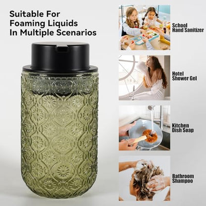 Glass Foaming Soap Dispenser - Foam Hand Soap Dispenser for Bathroom, 12 Oz Face Wash Dispenser Bottle with Foam Pump, Refillable Dish Dispenser for Kitchen (Green) - color: Green