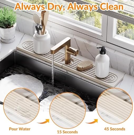 Diatomite Faucet Mat, Water Absorbent Sink Splash Guard, Quick Dry Countertop Drip Tray, Non Slip Grooved Surface, Sleek Smooth Edge, For Kitchen Bathroom Apartment RV, White Modern 60x10cm 0.9cm Thic