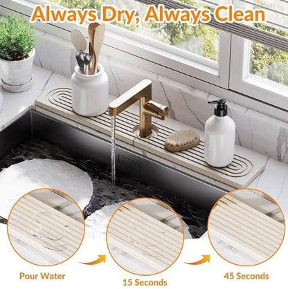 Diatomite Faucet Mat, Water Absorbent Sink Splash Guard, Quick Dry Countertop Drip Tray, Non Slip Grooved Surface, Sleek Smooth Edge, For Kitchen Bathroom Apartment RV, White Modern 60x10cm 0.9cm Thic