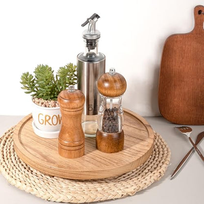 Round Decorative Tray Wood Bathroom Counter Organizer Farmhouse Kitchen Decor Wooden Riser for Soap Dish, Perfume, Candle, Sponge, 11" - Brown | Waterproof, Lightweight, Easy Clean, Wood Riser Pedestal Stand Accessories for Office Desk, Vanity, Counter, S