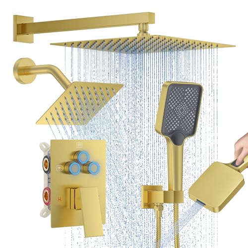 Woindo Shower Faucet Set, 12" Wall Mount Rainfall Shower System with 2 Rain Shower Head and Multi-function Handheld Head Push Button Diverter Shower Faucet Trim Kit - color: Brushed Gold, style: 12"-Wall-01