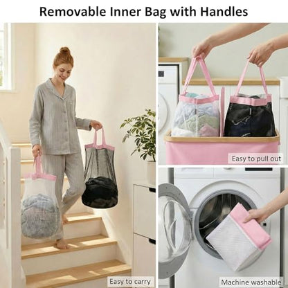efluky Laundry Hamper with Lid, Double Laundry Basket with 2 Removable Bags, 2 Section Laundry Bin with Bamboo Handles for Bathroom, Bedroom & Laundry Room, 140L (36.9 Gallon) Pink - color: Pink, size: 140L Dual