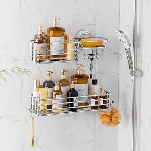 Shower Caddy Suction Cup, 2 Pack Heavy Duty Bathroom Organizer | Shower Caddy with Hooks & Soap holder, Removable Shower Storage, Rustproof Silver bathroom Holder - color: 2 X Silver Basket