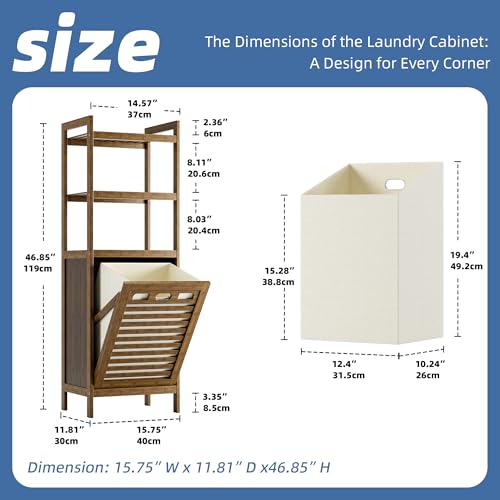 HITNET Bamboo Tilt Out Laundry Hamper, Bathroom Storage Cabinet with Hidden Removable Basket and 3 Open Shelves, Space Saving Bamboo Storage for Clothes, Towels and Toys, Walnut - color: Walnut