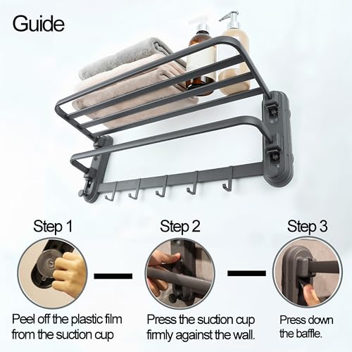 24 Inches Bathroom Shelves Towel Holder Modern Towel Racks for Bathroom Wall Mounted Foldable Towels Shelf Holder with 5 Hooks Double Towels Bar for Bathroom Lavatory Shower Wall (No Drilling)