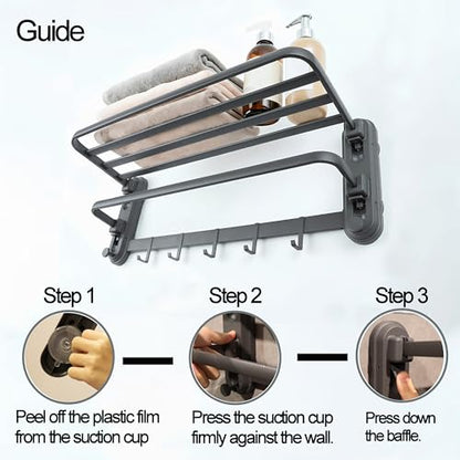 24 Inches Bathroom Shelves Towel Holder Modern Towel Racks for Bathroom Wall Mounted Foldable Towels Shelf Holder with 5 Hooks Double Towels Bar for Bathroom Lavatory Shower Wall (No Drilling)