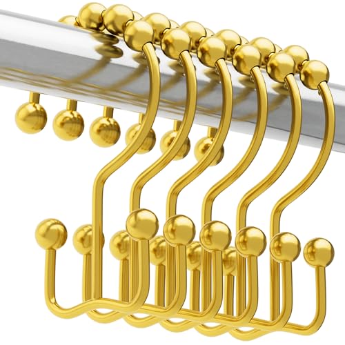 Titanker Shower Curtain Hooks Rings Gold, Metal Double Glide Shower Hooks Rings for Bathroom Shower Rods Curtains, Set of 12 Hooks - Dark Gold - color: Dark Gold, style: Modern