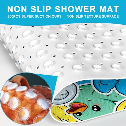 Baby Bath Mat for Tub Non Slip Kids, BPA Free Extra Long Bathtub Mat 40x16 with Drain Holes and 200 Suction Cups, Non Toxic Machine Washable Toddler Bath Mat, Eco-Friendly Certified - color: Sticker Duck