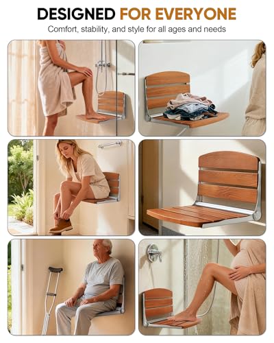 Folding Shower Seat Chair for Inside Shower Wall Mounted for Small Spaces | Teak wood & stainless steel, folds flat to 2", 400lb capacity, safety pinch-proof design for bathroom/sauna/dressing.