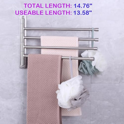 Swivel Towel Bar 4-Arm Bathroom Towel Holder Wall-Mounted Swing Out Towel Rack with Hooks Rustproof Brushed Finish - color: Brushed