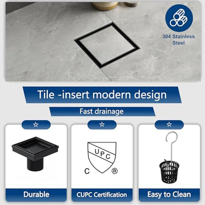 Neodrain 4 in Black Square Shower Drain with Removable Tile Insert Grate | 304 Stainless Steel Tile Square Drain, Hidden Drain,Easy to Clean, Waterproof & Sturdy Shower Drain, CUPC Certified - color: Matte Black, size: 4 IN