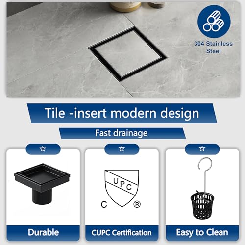 Neodrain 4 in Black Square Shower Drain with Removable Tile Insert Grate | 304 Stainless Steel Tile Square Drain, Hidden Drain,Easy to Clean, Waterproof & Sturdy Shower Drain, CUPC Certified - color: Matte Black, size: 4 IN