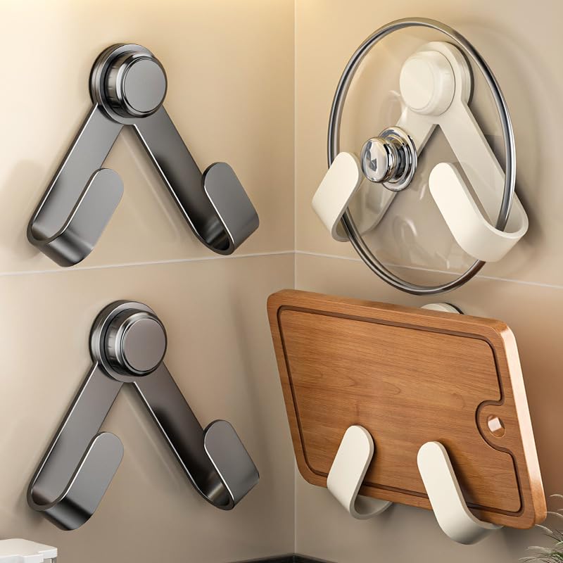 2PCS Suction Cup Pot Lid Holder, No Drill Wall Mount Pot Lid Organizer Rack with Adjustable Hooks, Heavy Duty Adhesive Pot Lid Hanger for Kitchen, Bathroom, Cabinet, Tile, Glass, Waterproof & Reusable