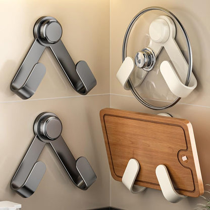2PCS Suction Cup Pot Lid Holder, No Drill Wall Mount Pot Lid Organizer Rack with Adjustable Hooks, Heavy Duty Adhesive Pot Lid Hanger for Kitchen, Bathroom, Cabinet, Tile, Glass, Waterproof & Reusable