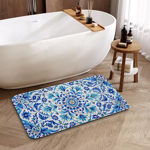 Blue Flower Bathroom Rug, Rapid Dry Absorbent with Non-Slip Rubber Base Bath Mats for Bathroom 17"x30" - color: Blue Flower