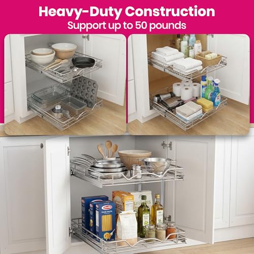 2-Tier Pull-Out Cabinet Organizer for Kitchen, 26"W x 21”D x 16.5"H | Full-Extension Sliding Shelves, Holds 100 lbs, Easy Install for Kitchen, Pantry & Under Sink Cabinets - size: 26 Inch