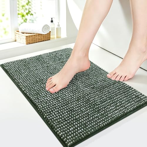 Luxury Chenille Bathroom Rugs Non Slip 24" x17", Extra Soft Absorbent Striped Bath Mats for Bathroom, Machine Washable Quick Dry Shower Floor Rug, Home Decor Accessories, Green & White - color: Green & White, size: 1'5" x 2' (Rectangular)
