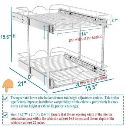 OCG 2 Tier Pull Out Cabinet Organizer (15.5" W x 21" D), Pull Out Drawers for Kitchen Cabinets, Pull Out Shelves for Base Cabinet Organization in Kitchen Bathroom Pantry, Chrome Finish - size: 15.5"W x 21"D, 2 Tier