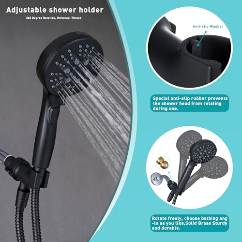 GwernKB Handheld Shower Head with ON OFF Switch & 79in Stainless Steel Hose | Built-in Power Spray,7-Setting High Pressure Spray with Bracket & Extra No Drilling Wall Shower Holder for Lower Mount,Black - color: Matte Black