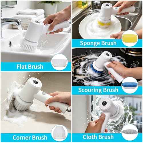 Electric Spin Scrubber,Cordless Bathroom Cleaning Brush with IPX7 Full Body Waterproof,5 Replaceable Brush Heads for Bathtub, Kitchen, Window & Whole Home Cleaning
