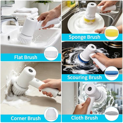 Electric Spin Scrubber,Cordless Bathroom Cleaning Brush with IPX7 Full Body Waterproof,5 Replaceable Brush Heads for Bathtub, Kitchen, Window & Whole Home Cleaning