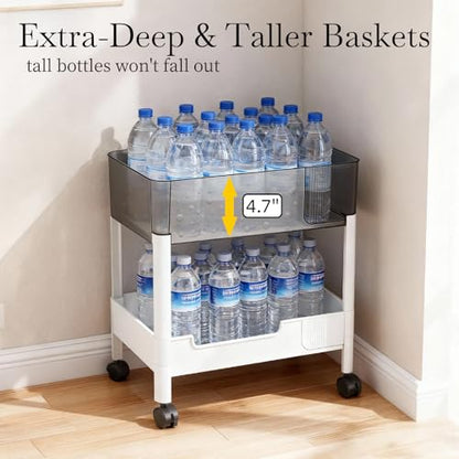 2 Tier Rolling Cart with Wheels for Under Desk Storage, Heavy Duty Plastic Short Small Utility Cart for Small Space Bathroom Vanity Makeup Organizer Pantry, 4.7'' Deep Baskets for Tall Bottles - size: 2-tier