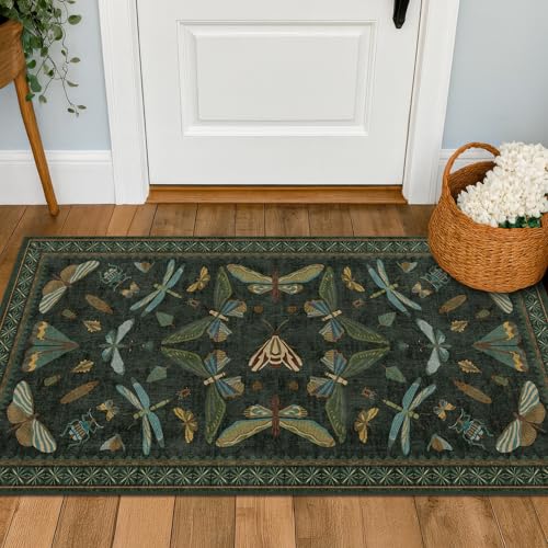 Hazo Haus 2x4 Entry Way Rugs Indoor - Dark Green Putdoor Rug for Kitchen, Bathroom, Insect Boho Design, Washable Non Slip Stain Resistant - color: Dark Green, size: 2' x 4' (Rectangular)
