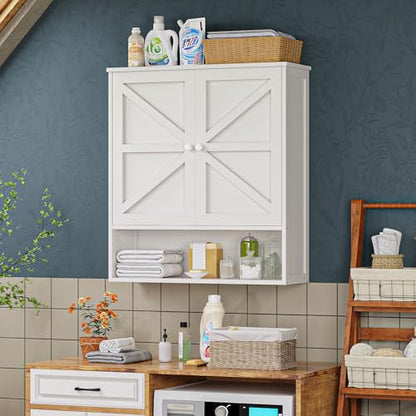 Bathroom Wall Cabinet, White 25.9" x 23.6" Over The Toilet Storage Cabinet, Bamboo Wall Mounted Bathroom Cabinet with Adjustable Shelves for Kitchen & Laundry Room (White)