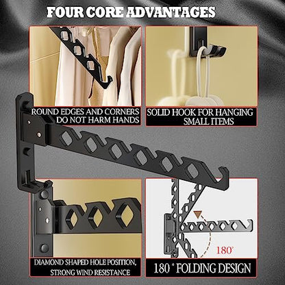 Dr.DJ Wall Mount Coat Hanger Holder Black Clothes Drying Organizer Rack Garment Hooks Aluminium Retractable Folding Indoor Wall Mounted Hanger Space Saver for Laundry Room Bedroom Black 2Pack - color: Black 2racks