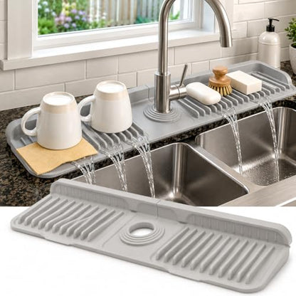 23" Extra Long Silicone Faucet Handle Drip Catcher Tray,7° Sloped Self Draining Mat with Snap-on Design & Soap Holder, Trim-to-Fit Opening,Sink Splash Guard for Kitchen & Bathroom(Light Gray) - color: Light Gray, size: 23" x 5.5"