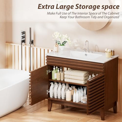 APRILSOUL 36" Bathroom Vanity with Ceramic Sink, Mid-Century Bathroom Vanity Cabinet with 2 Soft Closing Doors, Freestanding Bathroom Cabinet, Particleboard Frame with Wood Grain Laminate, Walnut - color: Walnut/ White Sink, size: 36 Inch
