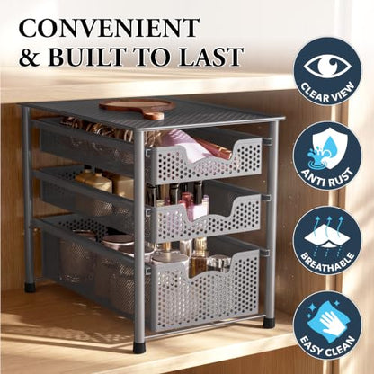 Simple Houseware Stackable 3 Tier Sliding Basket Organizer Drawer, Silver (Pack of 2) - color: Silver, size: 3-Tier (Pack of 2)