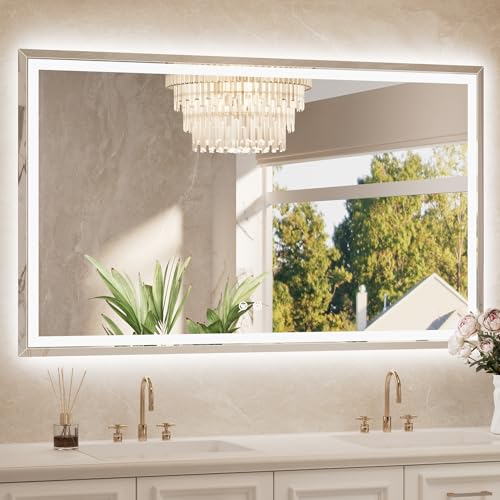 60 x 36 Inch Led Lighted Mirror for Bathroom Wall, Extra-Bright Beveled Bathroom Vanity Frontlit & Backlit Frameless Mirror with 3-Color Lights, Defogging, Tempered Glass, Waterproof - size: 36"L x 60"W