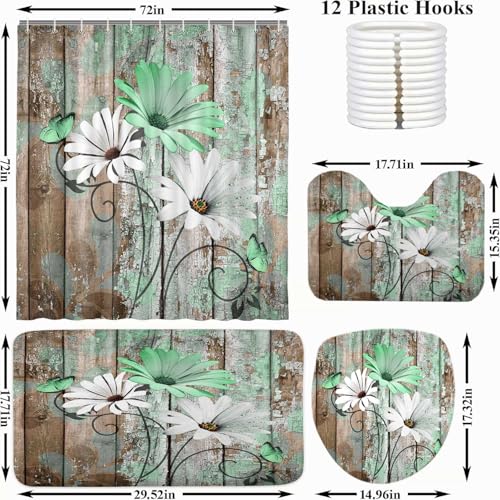 JAWO 4 Piece Green Daisy Flower on Rustic Wooden Plank Country Style Shower Curtain Sets with Non-Slip Rugs, Toilet Lid Cover and Bath Mat, Shower Curtain with 12 Hooks - color: Green-a, size: 5'10" x 5'10" (Rectangular)