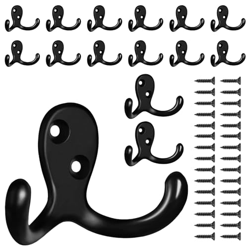 15 Pack Coat Hooks Wall Hooks for Hanging, Heavy Duty Double Prong Metal Hook Wall Mounted for Living Room, Bathroom, Kitchen, Bedroom for Coat, Bag, Scarf, Towel, Hat, Key, Cup (Black) - color: Black-15pack