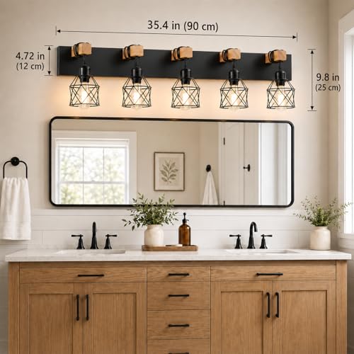 Farmhouse Vanity Light Fixture,5-Light Bathroom Lighting,Black Industrial Wood Wall Light Over Mirror with Metal Shade,LED Bulbs Not Included - color: Black, size: 5-Light-Wide 35"