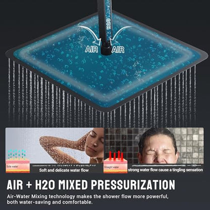 Thermostatic Shower System with 6 Body Jets & 16-Inch Ceiling Rainfall Shower Head Bathroom Luxury Matte Black Shower Faucet Set with High Pressure Handheld Sprayer, with Valve and Trim - color: Matte Black