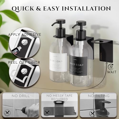 Shower Shampoo Dispenser Wall Mounted – 3 Refillable 16.9 oz Clear Bottles with Stainless Steel Pumps & No-Drill Adhesive Holders – Soap Dispenser Set for Bathroom (3 X Clear/Black) - color: 3 X Clear/Black