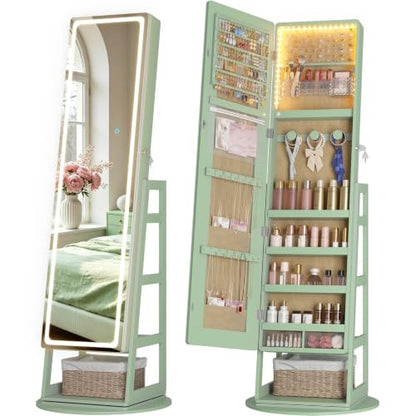 Standing Jewelry Cabinet Mirror with Adjustable LED Light Green | 63" Lockable Jewelry Armoire Organizer with 4 Rear Shelves & Hooks, 360° Swivel, for Bedroom, Living Room, Women Girls Gift - color: Green