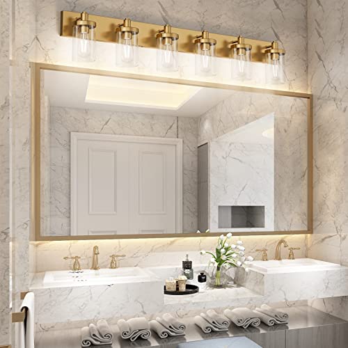 Aipsun Gold Bathroom Vanity Light Farmhouse Vanity Lighting Fixtures 6 Light 48in Bathroom Light Fixtures with Clear Glass Shade(Exclude Bulb) - color: Gold, size: 6-Light