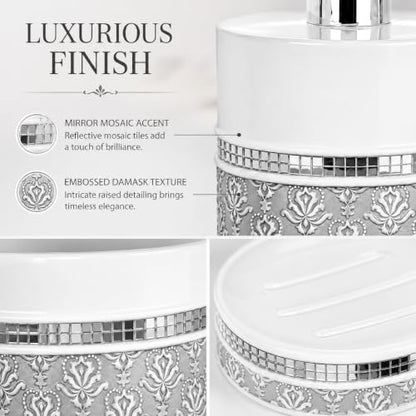 Creative Scents Mirror Damask 4 Piece Resin Bathroom Accessories Set | Includes Soap Dispenser, Toothbrush Holder, Tumbler Cup & Soap Dish - color: 4 Piece Set