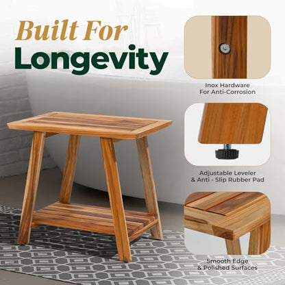 Bme Premium Teak 2-Tier Shower Bench, Space-Saving Multifunctional Wooden Shower Shelf, Easy Install with Anti-Rust Hardware & Adjustable Leveler - style: Teak Shower Bench