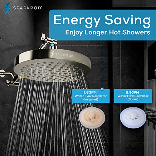 SparkPod Rain Shower Head, 8 Inch Round, Elegant Brushed Nickel Finish | High Pressure Shower Heads, 90 Nozzles, Adjustable Showerhead, No Tools Needed, Universal Connection - color: Elegant Brushed Nickel, style: 8 Inch Round